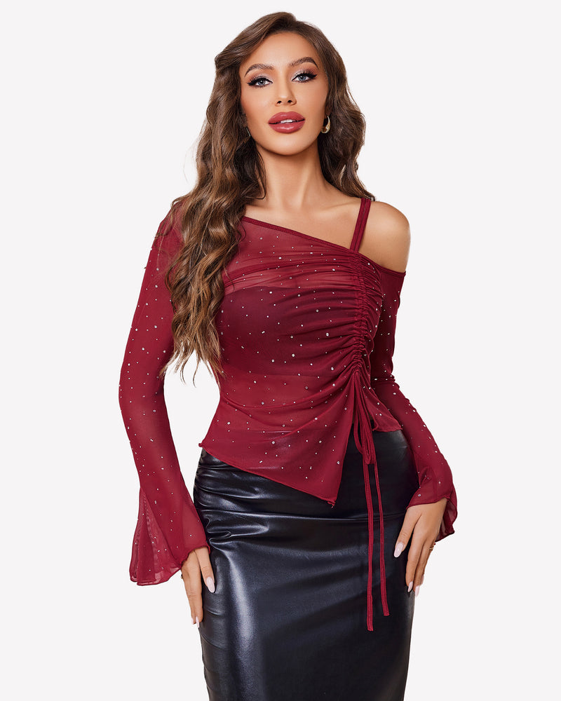 Mesh Top Long Sleeve Rhinestone Tops
