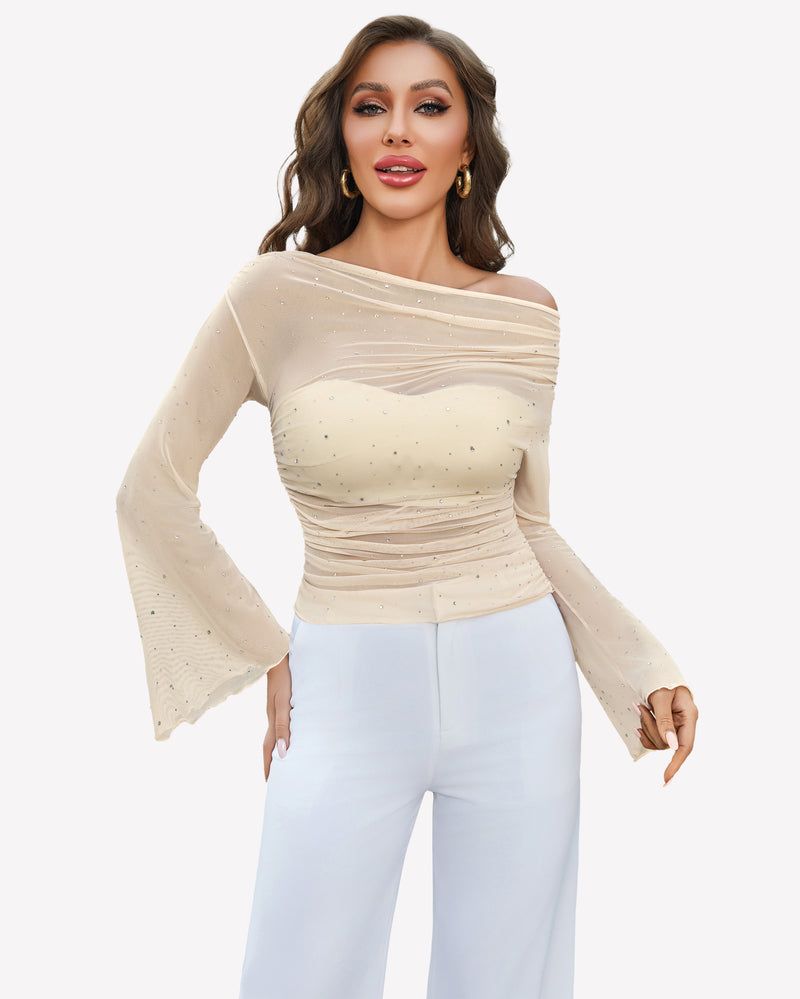 Mesh Top Long Sleeve Off The Shoulder Shirts