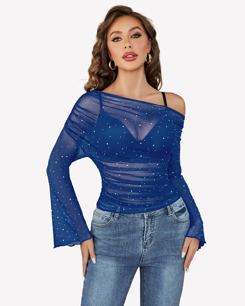 Mesh Top Long Sleeve Off The Shoulder Shirts