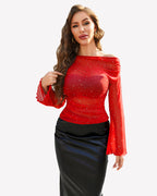 Mesh Top Long Sleeve Off The Shoulder Shirts