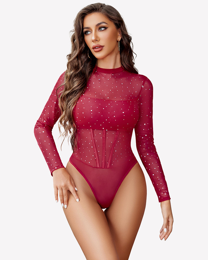Long Sleeve Sheer Rhinestone Bodysuit