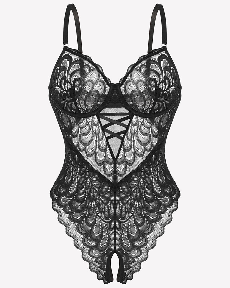 Lace deep V Teddy Crotchless Bodysuits