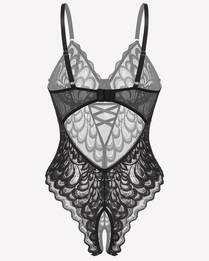 Lace deep V Teddy Crotchless Bodysuits