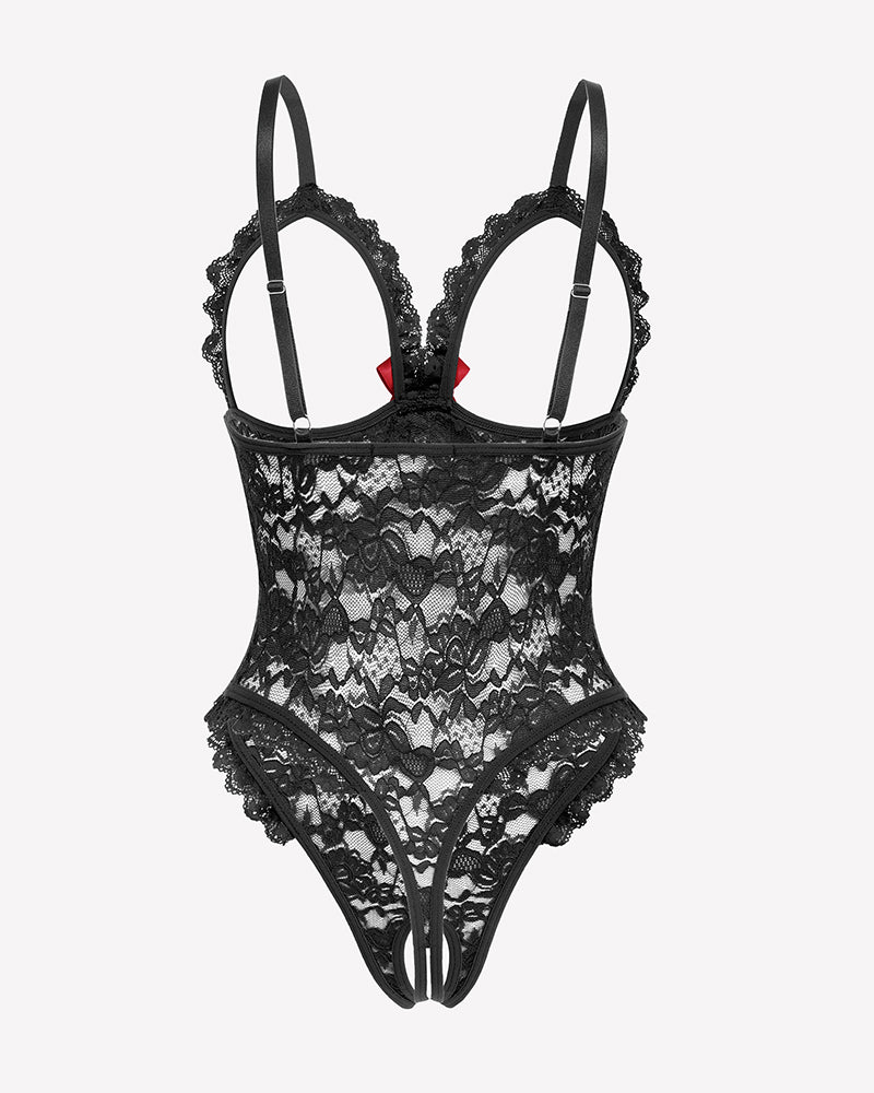 Lace Teddy Ruffle V Neck Bodysuit