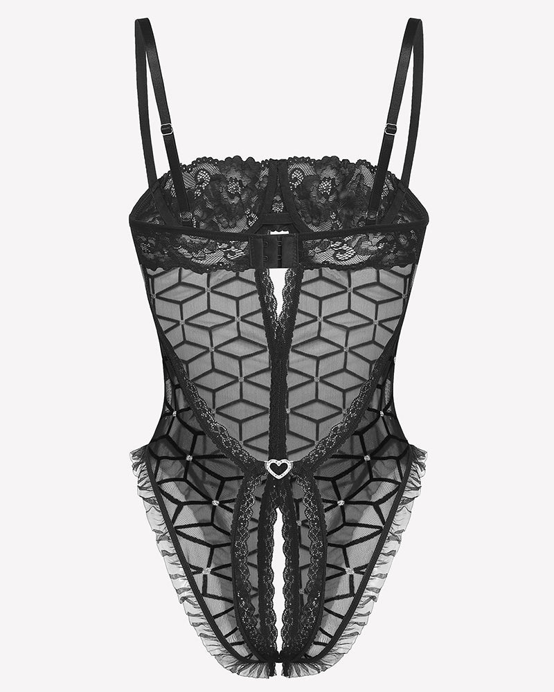 Lace V Neck Crotchless Teddy Lingerie