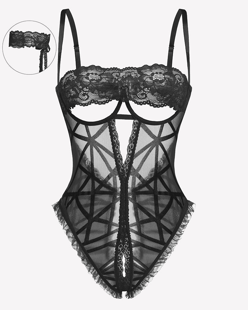 Lace V Neck Crotchless Teddy Lingerie