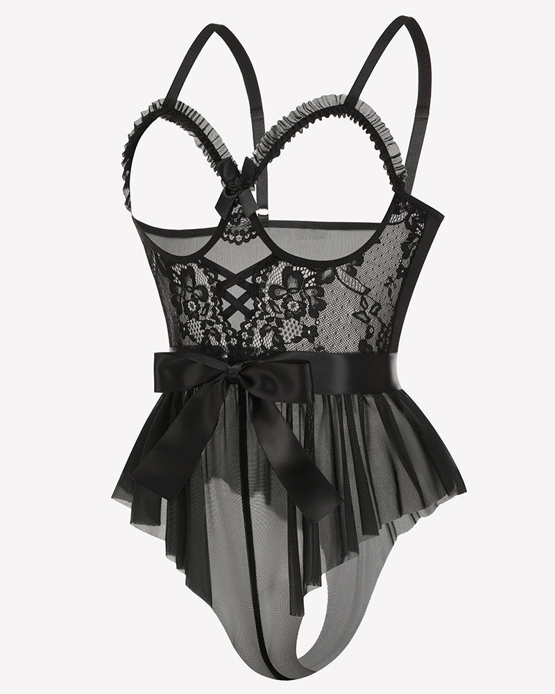 Lace Ruffle Mesh Bodysuit with Satin Tie