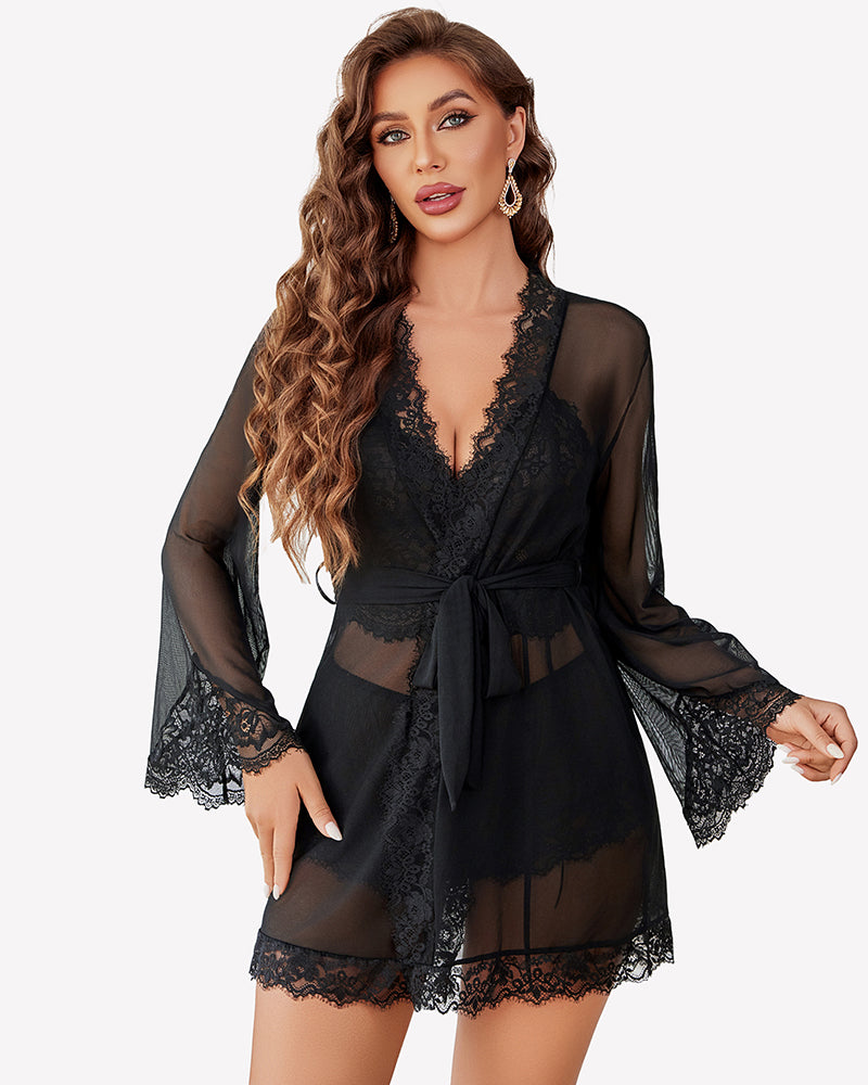 Lace Bralette and Panty Sets With Mesh Kimono Robe