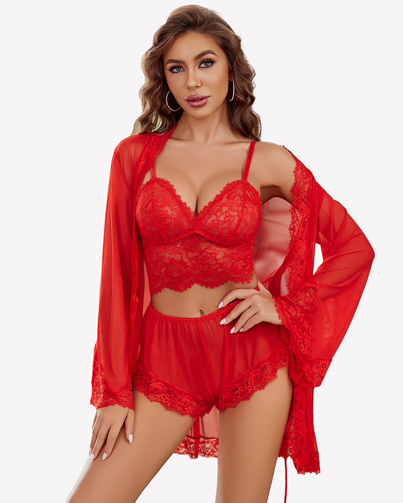 Lace Bralette and Panty Sets With Mesh Kimono Robe