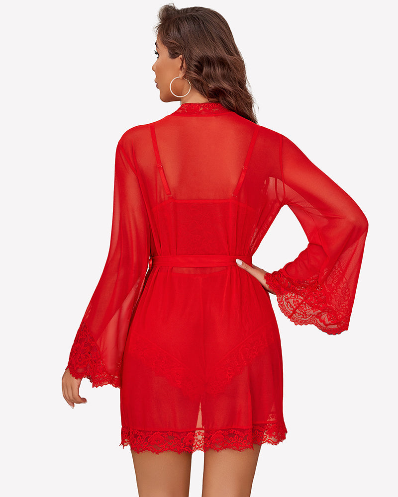 Lace Bralette and Panty Sets With Mesh Kimono Robe