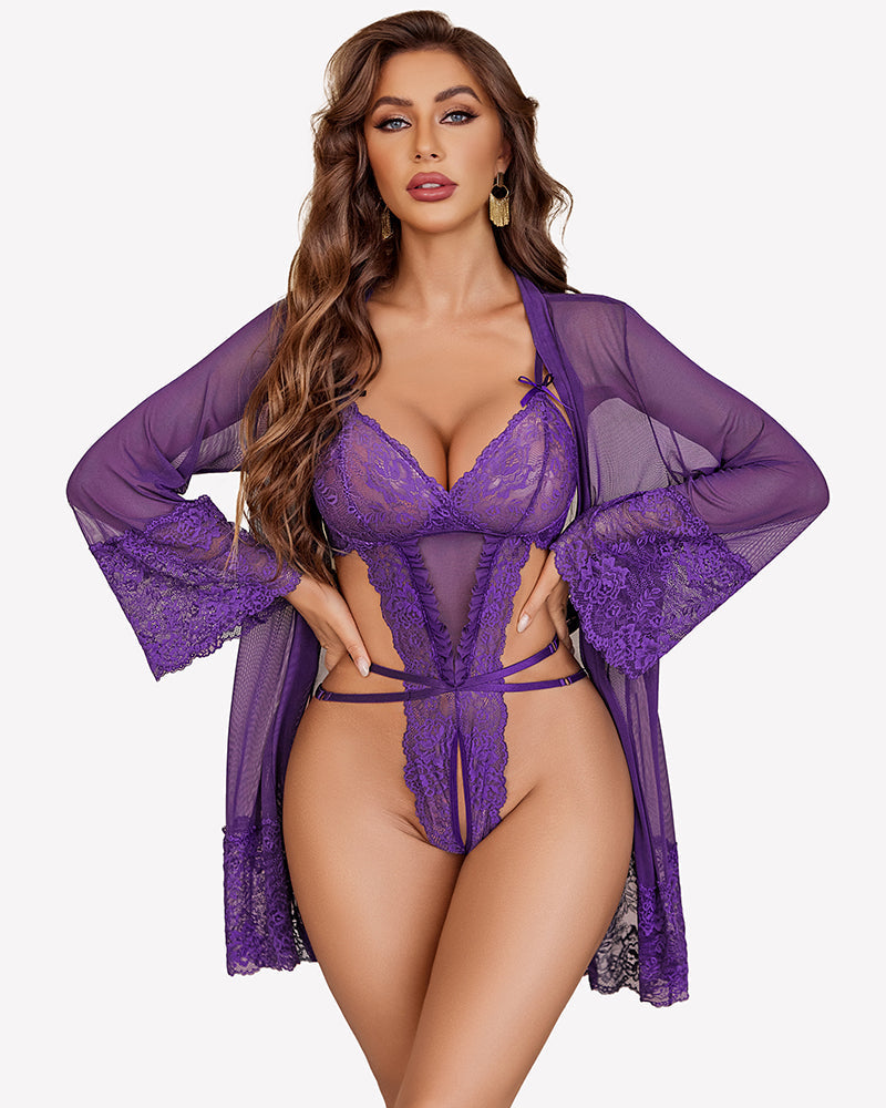 2 Piece Lace Teddy with Mesh Robe