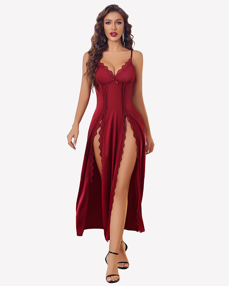 Satin V Neck Side Split Nightgown