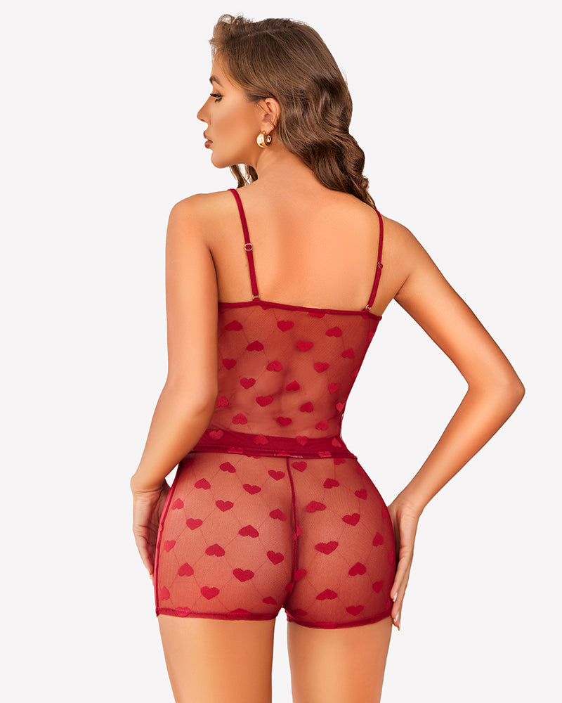 Sheer Back Heart Lace Pajama Set