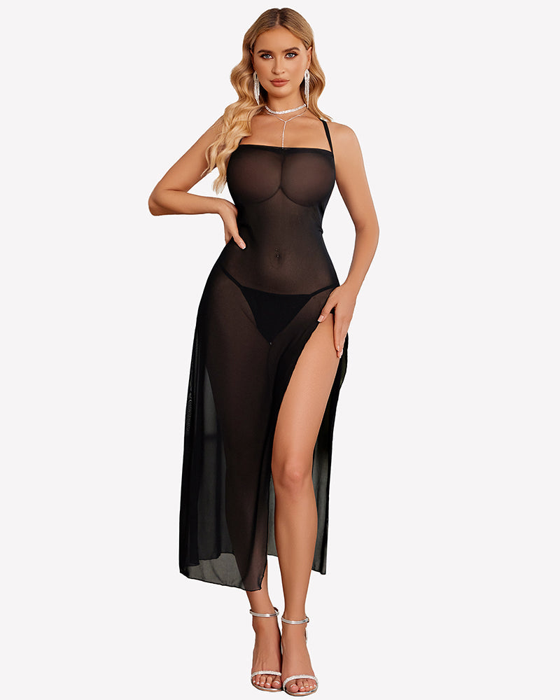 Floral Print Mesh Side Split Nightgown