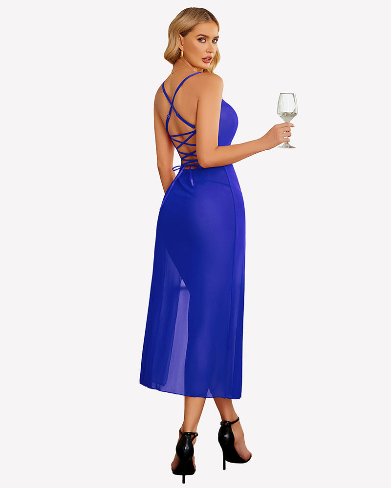 Floral Print Mesh Side Split Nightgown