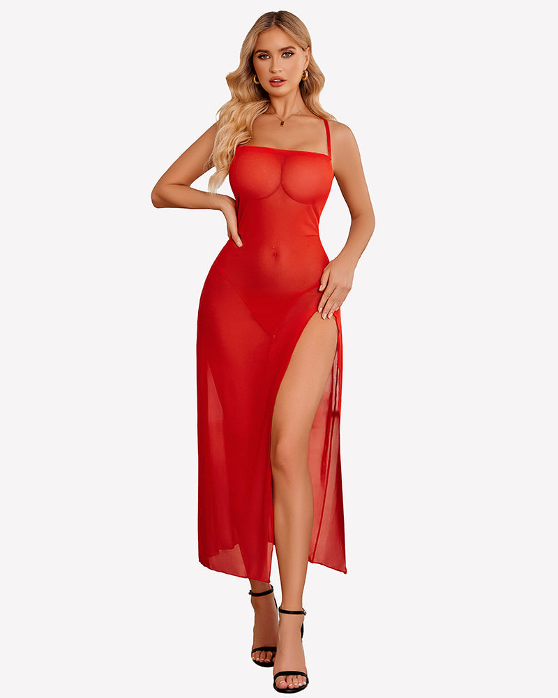 Floral Print Mesh Side Split Nightgown