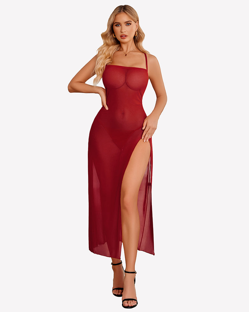 Floral Print Mesh Side Split Nightgown