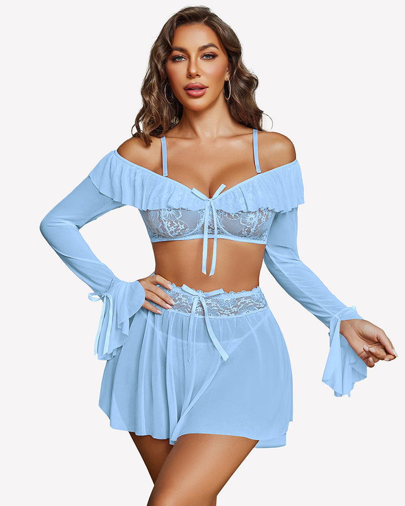 Off Shoulder Bra Panty Ruffle Skirts 3 Piece Sets