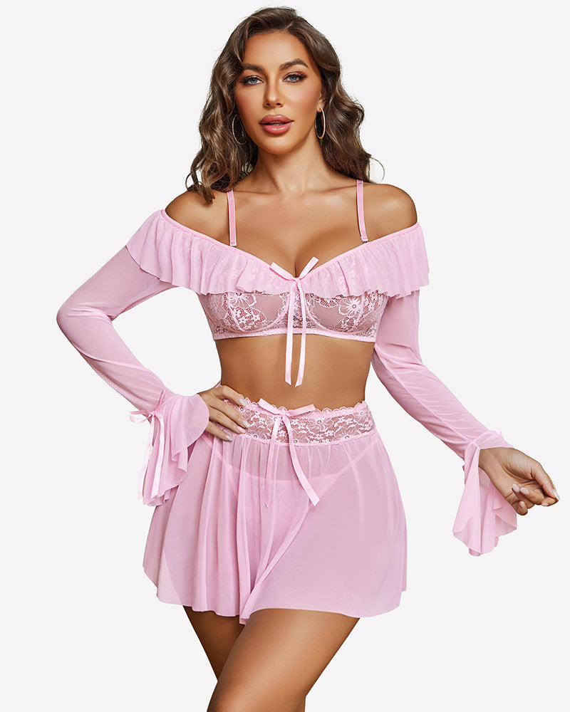Off Shoulder Bra Panty Ruffle Skirts 3 Piece Sets