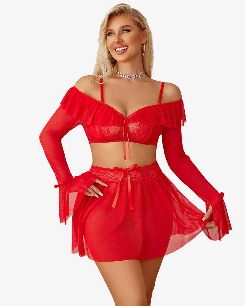 Off Shoulder Bra Panty Ruffle Skirts 3 Piece Sets
