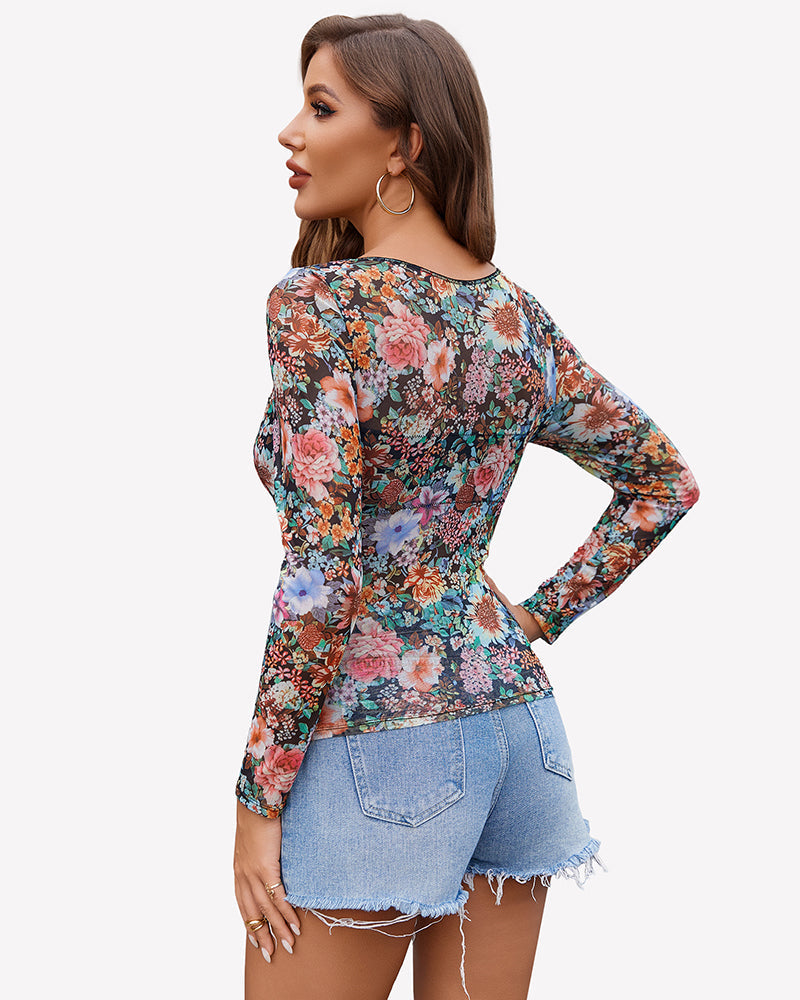 Mesh Floral Long Sleeve Tops