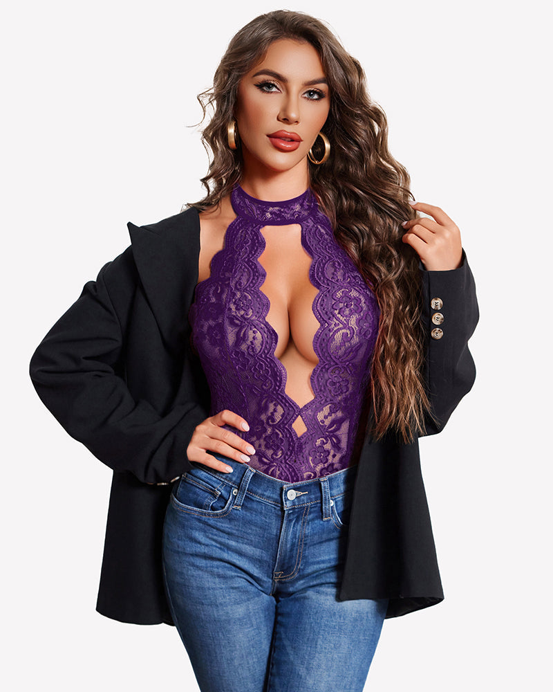 Halter Lace Bodysuit Deep V Teddy