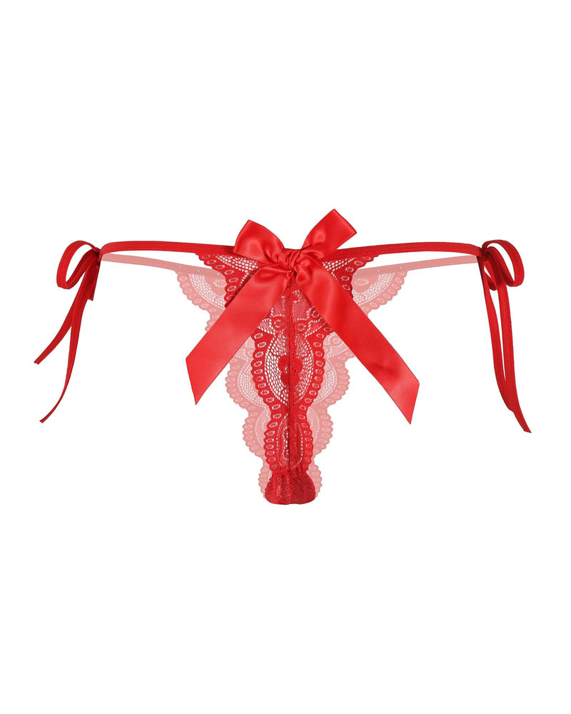 Floral Lace Tangas With Bow And Pearl