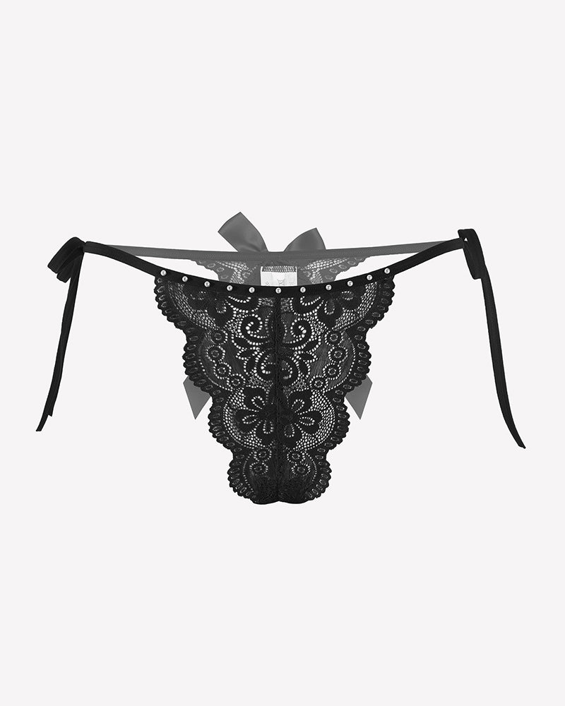Floral Lace Tangas With Bow And Pearl
