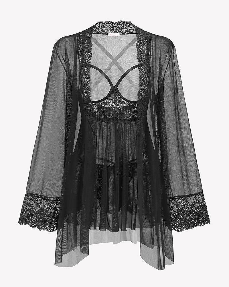 3 Piece Set Mesh Cupless Babydoll, Robe with Panties