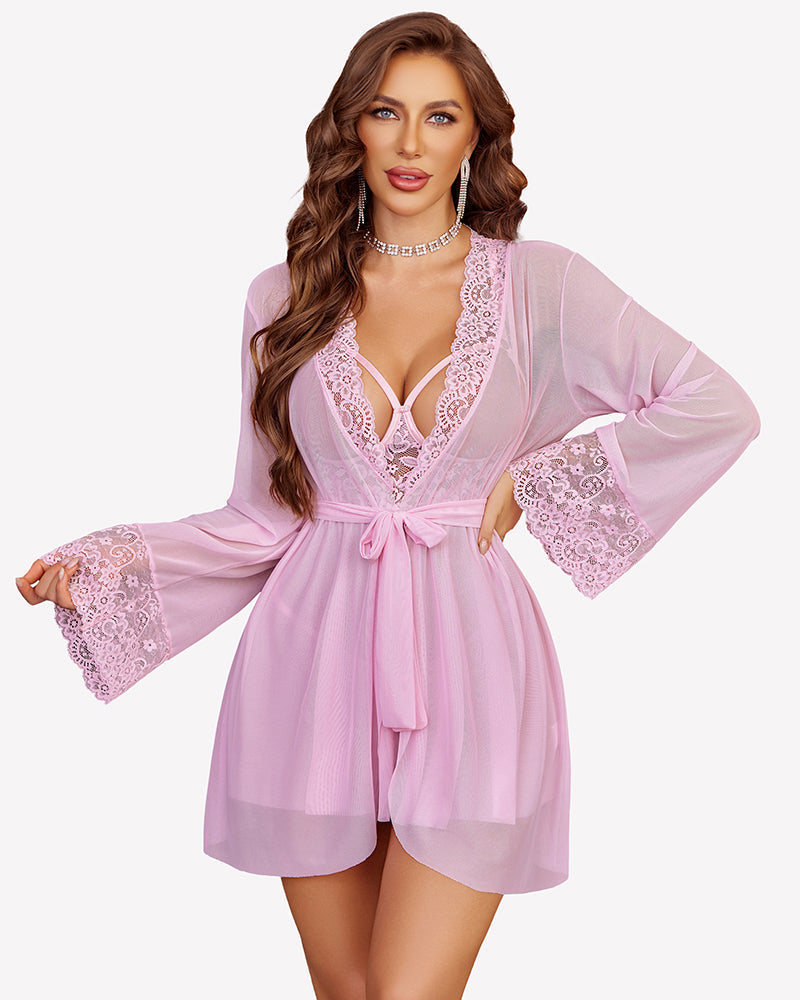 3 Piece Set Mesh Cupless Babydoll, Robe with Panties