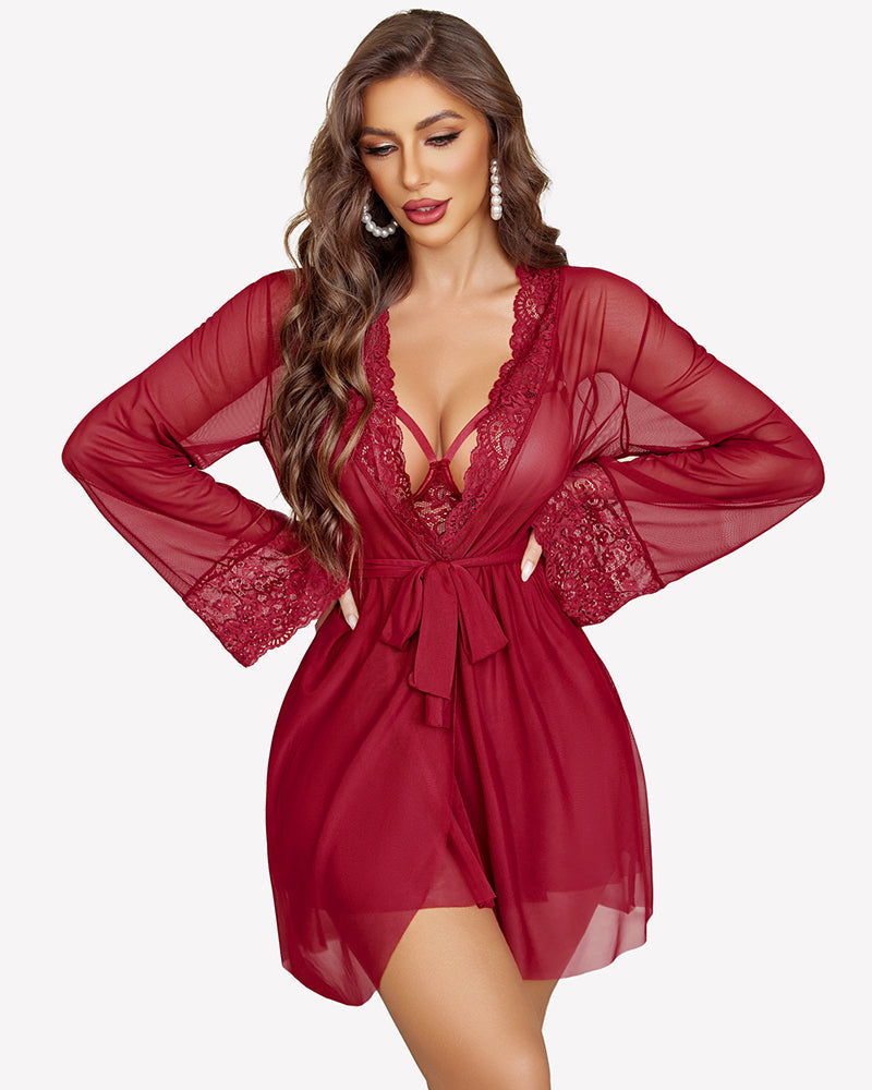 3 Piece Set Mesh Cupless Babydoll, Robe with Panties