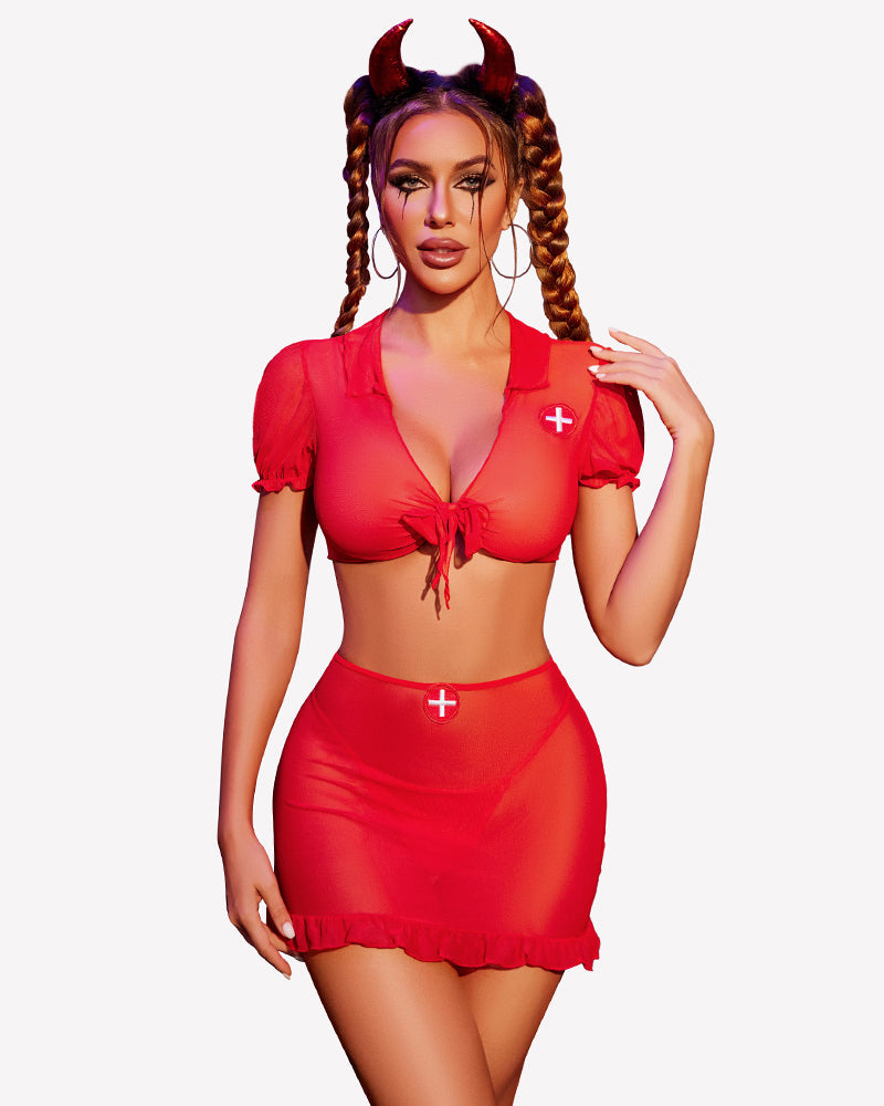 Nurse Cosplay Outfits with Tie Top and Mini Skirt Set