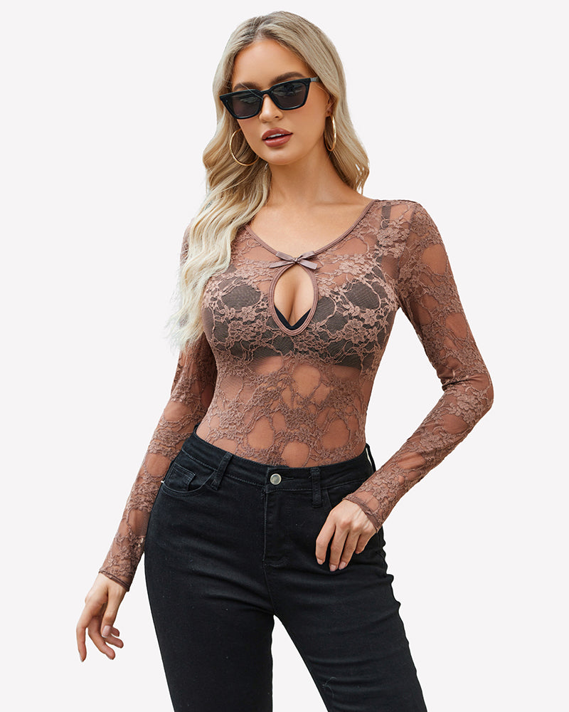 Long Sleeve See Through Lace Bodysuit
