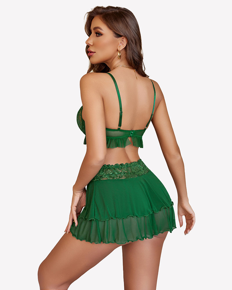 Lace Bralette and Mini Skirt 3 Piece Outfits Set