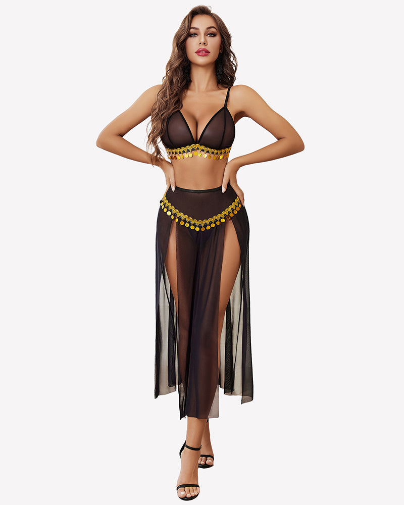 Mesh Sheer Bra Top Split Maxi Skirt Set