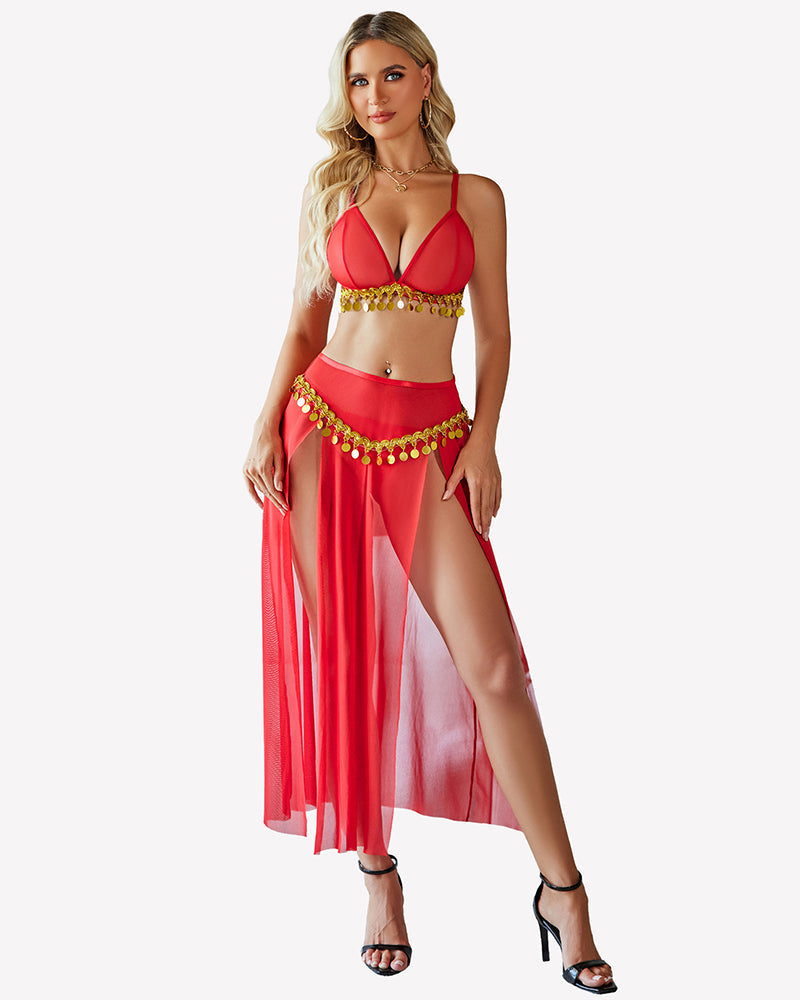 Mesh Sheer Bra Top Split Maxi Skirt Set