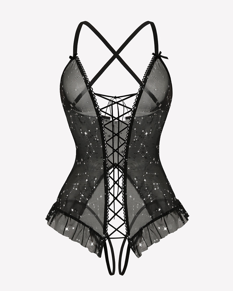 Floral Print Corset Ruffle Lace Up Bodysuit