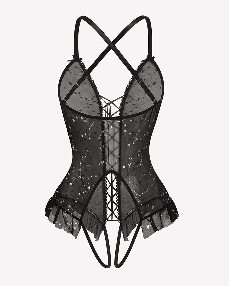 Floral Print Corset Ruffle Lace Up Bodysuit