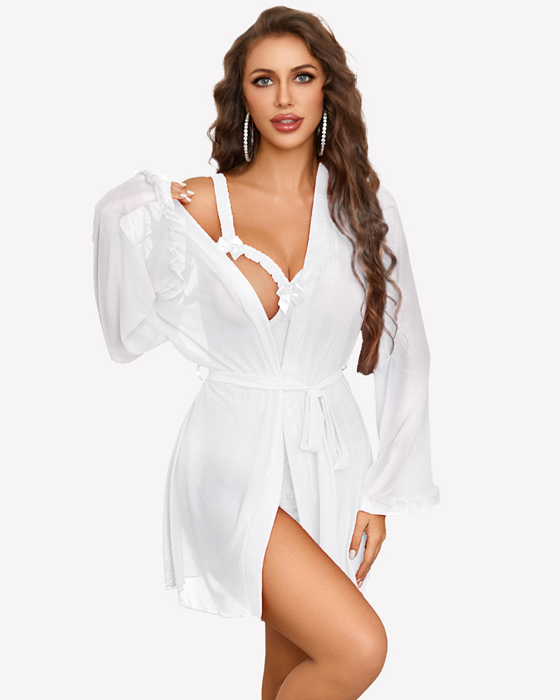 2 Pieces Crotchless Bodysuit with Sheer Kimono Robe