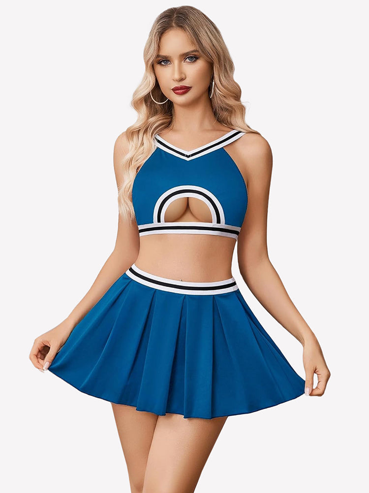 Costume Hollow Crop Top Pleated Skirts Set