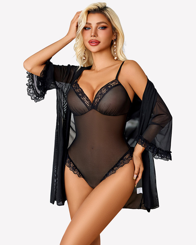 Lace Bodysuit Robe Set 2 Piece Mesh Boudoir Outfits