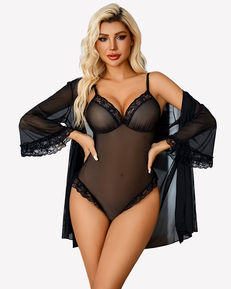Lace Bodysuit Robe Set 2 Piece Mesh Boudoir Outfits