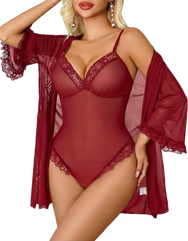 Lace Bodysuit Robe Set 2 Piece Mesh Boudoir Outfits