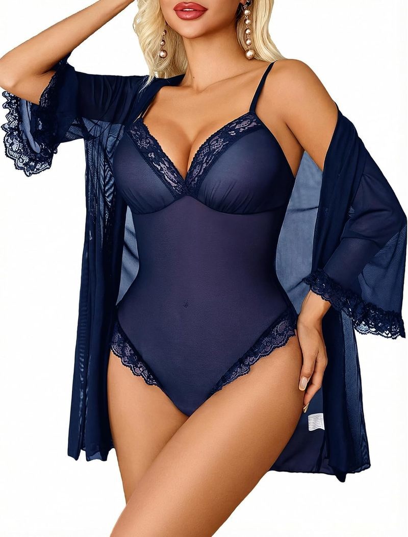 Lace Bodysuit Robe Set 2 Piece Mesh Boudoir Outfits