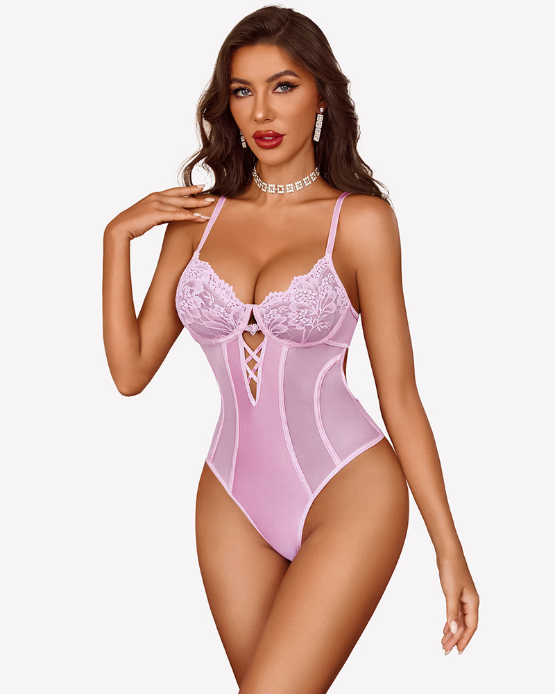 Deep V Lace Teddy Snap Crotch Bodysuit