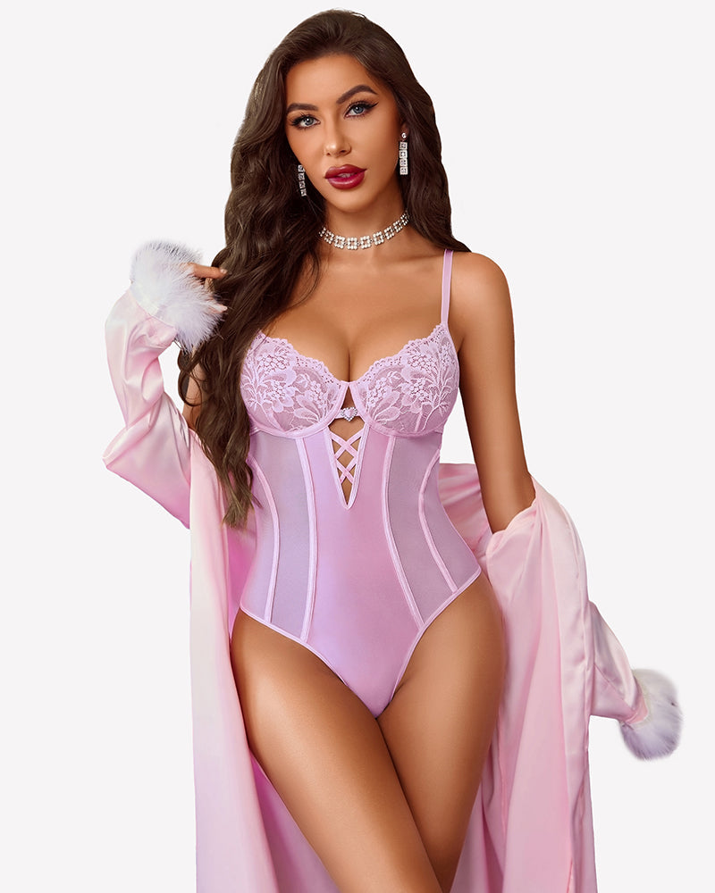 Deep V Lace Teddy Snap Crotch Bodysuit