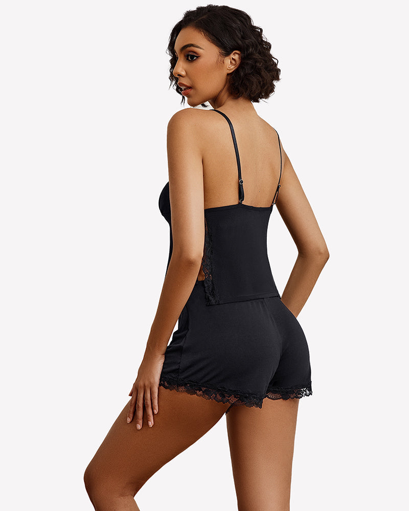 Lace Trim Cami Shorts Side Slit PJ Set