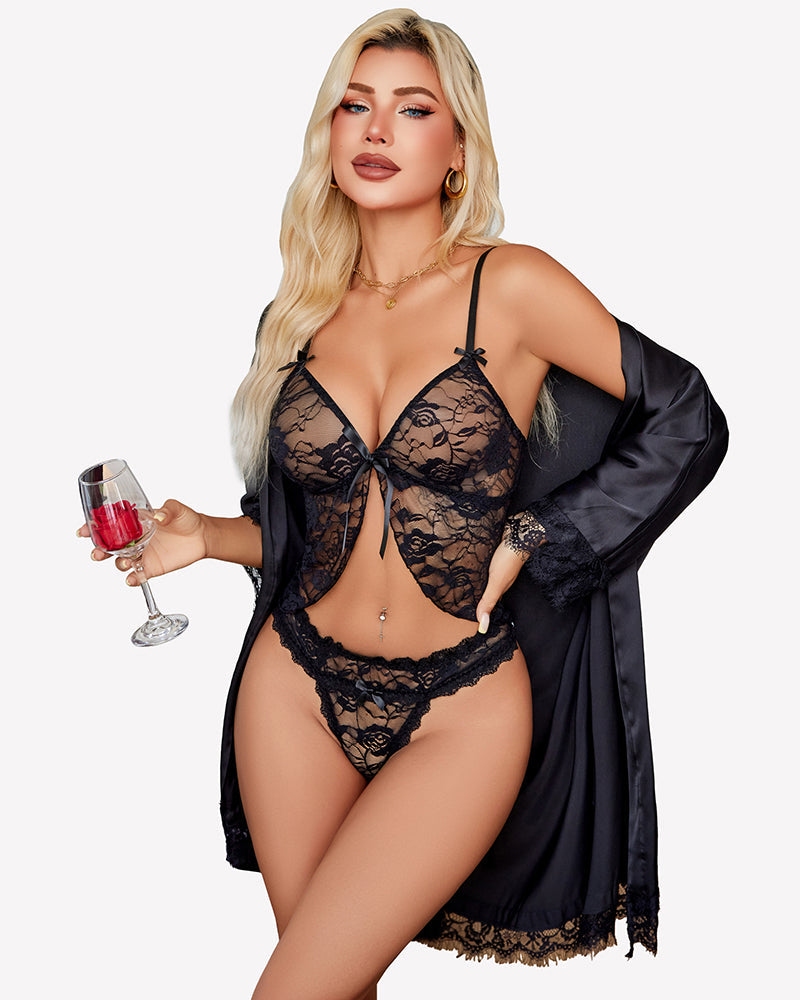 Pajama Set Lace Open Front Cami and Panty