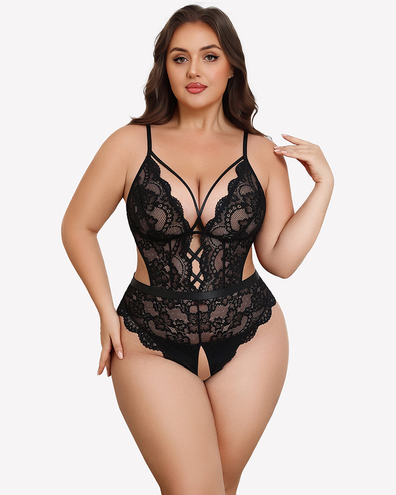 Plus Size Deep V Lace Teddy Cut Out Bodysuit