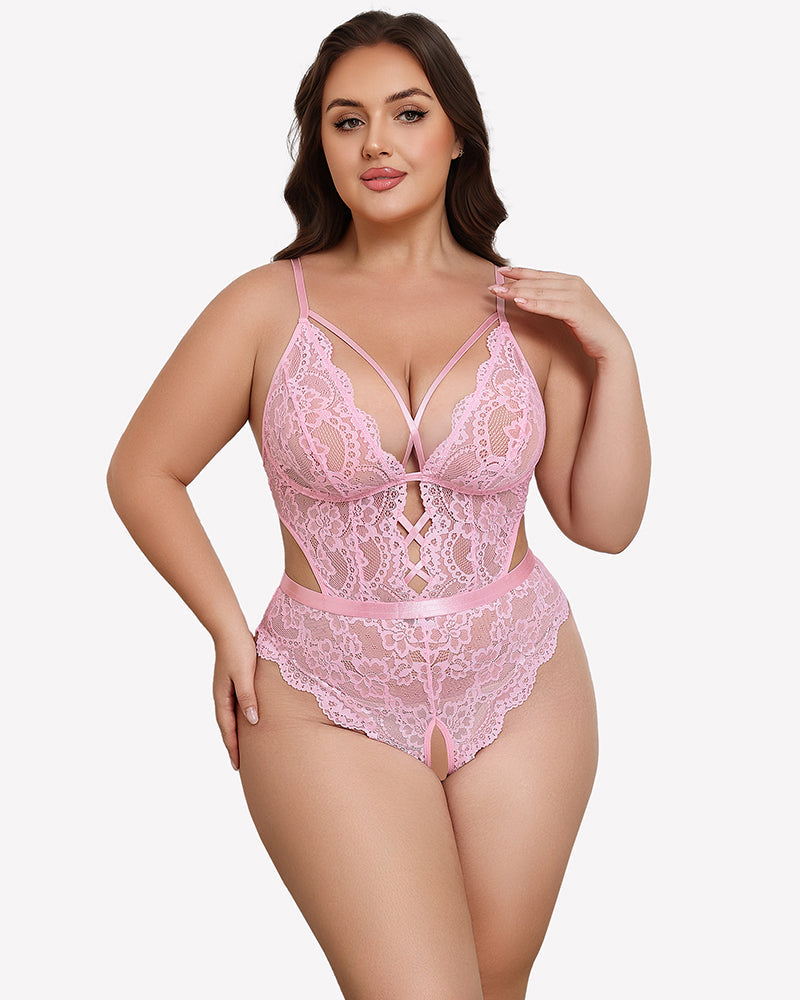 Plus Size Deep V Lace Teddy Cut Out Bodysuit